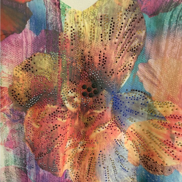 Christopher & Banks Floral V-neck Blouse Sheer Rhinestones Watercolor XL Lined - Picture 4 of 10